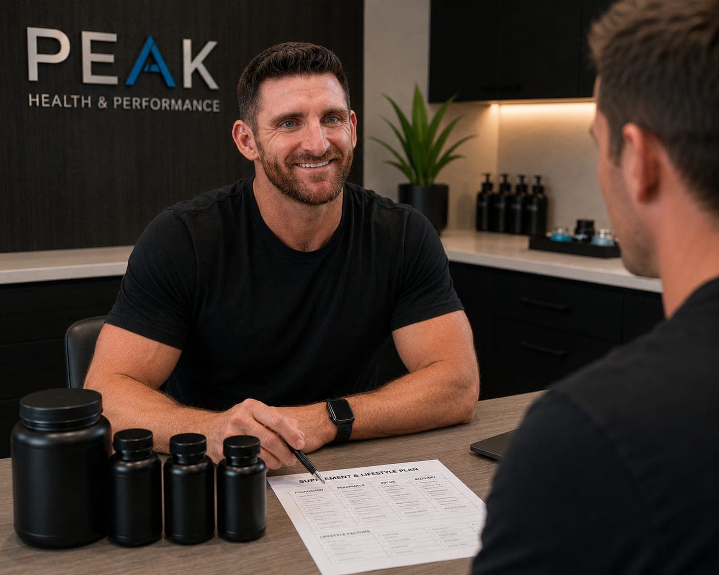 A practitioner going through a supplement and lifestyle plan with a patient across a table