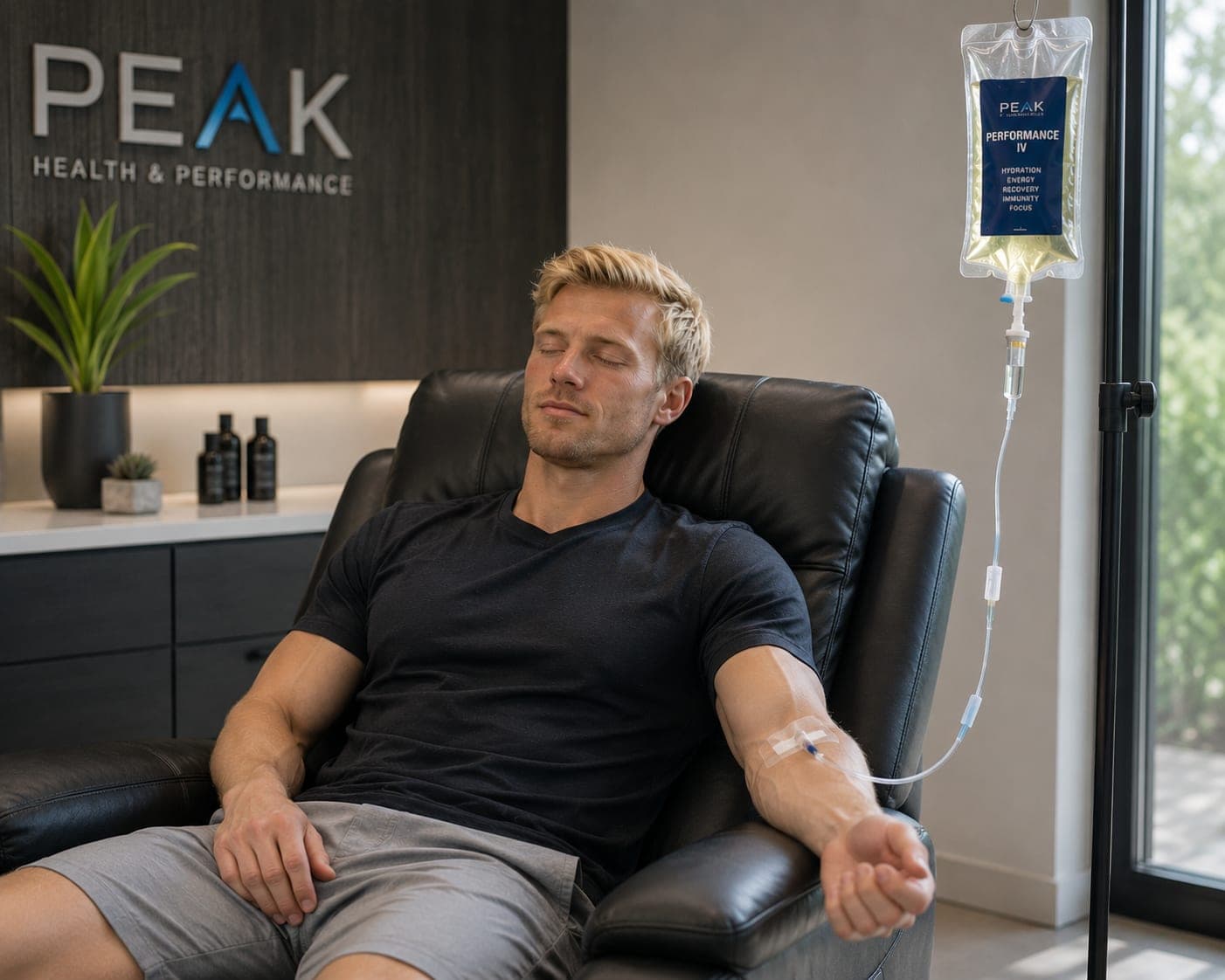 A patient reclined in a treatment chair with an IV drip running