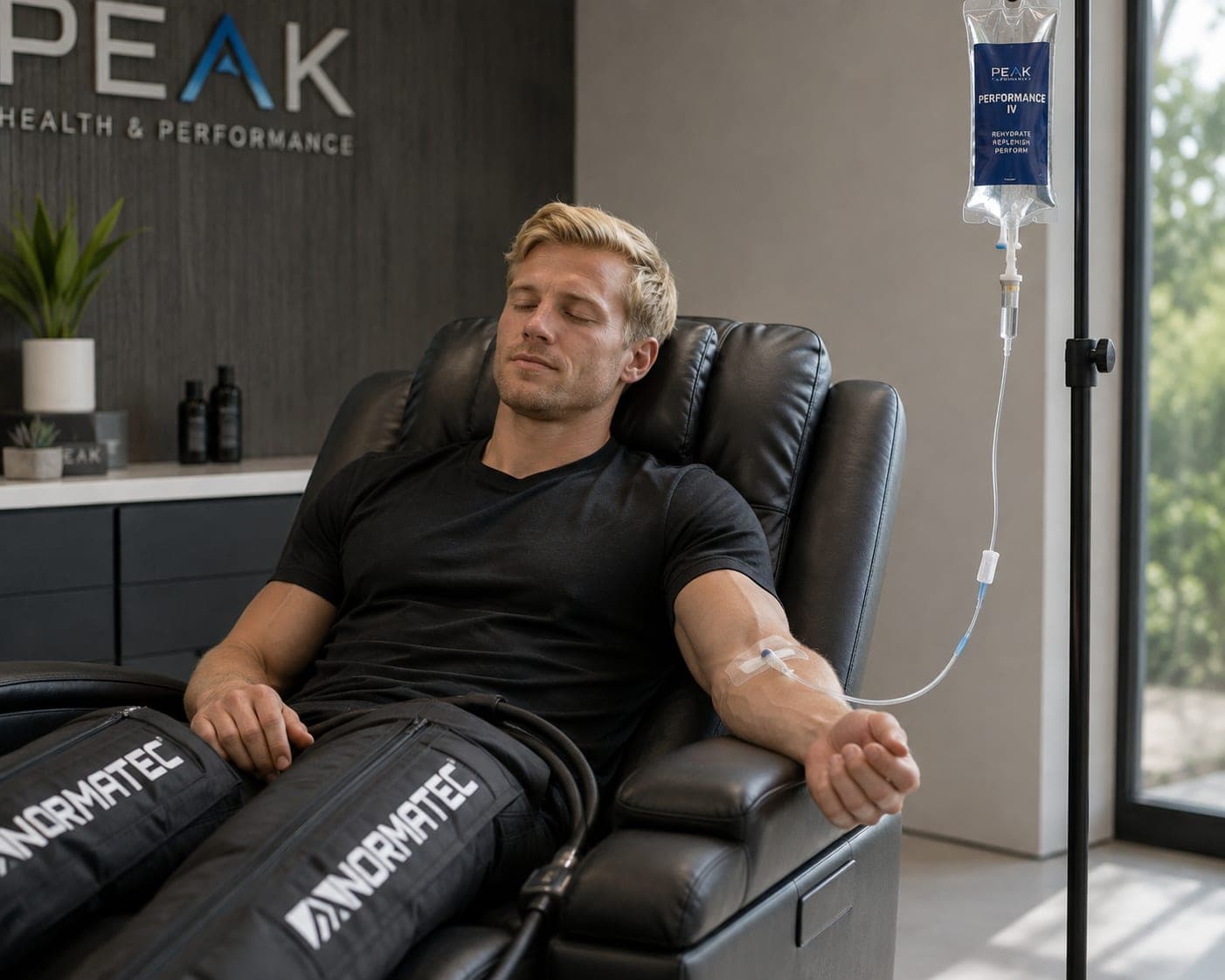 A patient reclined with an IV drip running and compression boots on both legs, in a treatment room