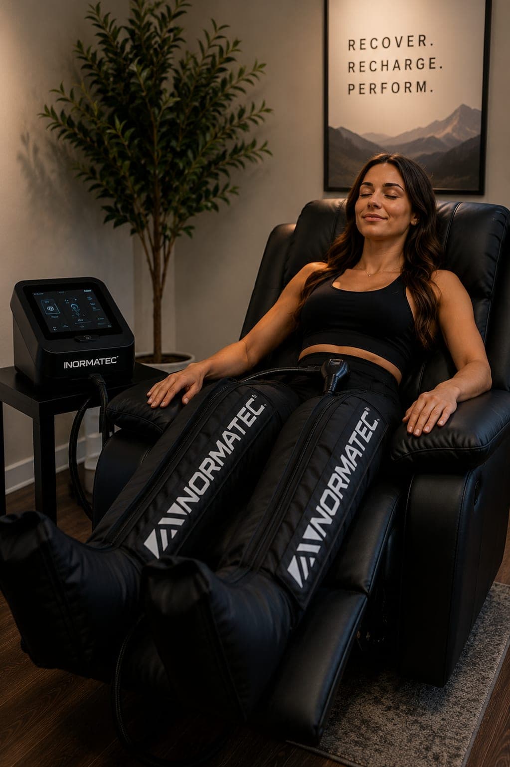 A patient reclined in the recovery chair with Normatec compression boots running on both legs